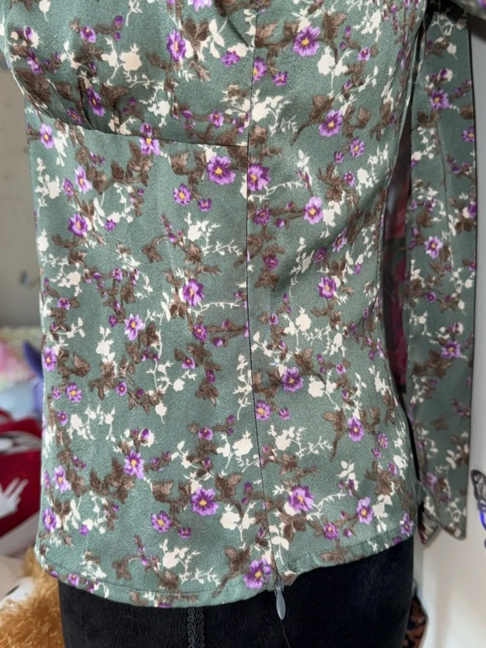 Astr Puff sleeve Olive Green Floral High-Neck Long-Sleeve Blouse